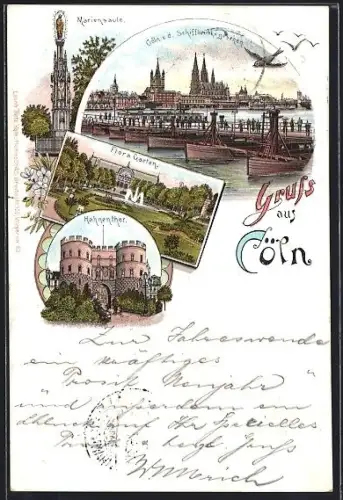 Lithographie Cöln, Stadt von der Schiffsbrücke aus gesehen, Mariensäule, Flora Garten, Hahnentor