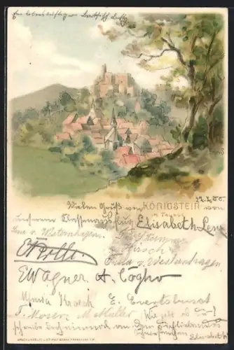 Lithographie Königstein / Taunus, Panorama mit der Burg