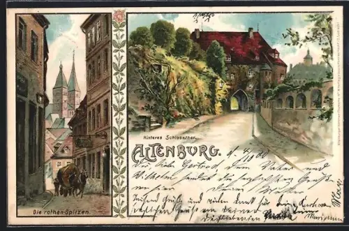 Künstler-AK Max Dutzauer: Altenburg / Thüringen, Hinteres Schlossthor, Strassenpartie mit rothen Spitzen