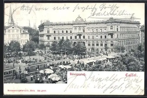 AK Cassel, Königsplatz mit Strassenbahnen