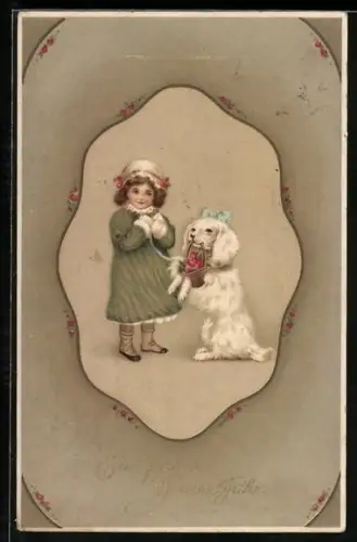 AK Geburtstag, Mädchen geht mit Terrier spazieren