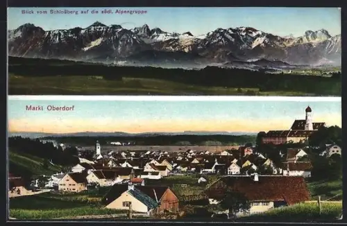 AK Marktoberdorf, Teilansicht und Blick vom Schlossberg zu den Alpen