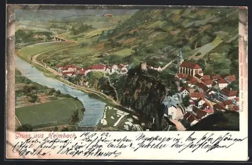 Lithographie Heimbach / Eifel, Gesamtansicht aus der Vogelschau