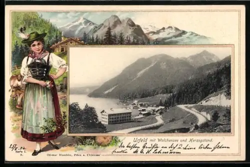 Passepartout-Lithographie Urfeld / Walchensee, Ortsansicht mit Herzogenstand, Frau in Tracht