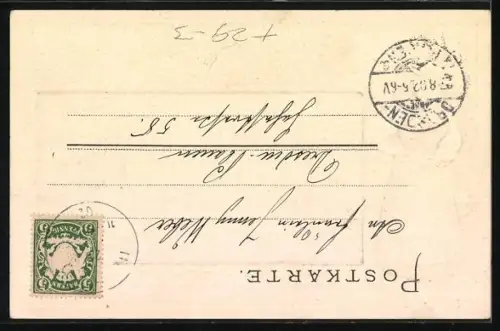 Passepartout-Lithographie Urfeld / Walchensee, Ortsansicht mit Herzogenstand, Frau in Tracht