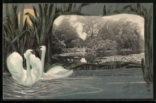 Grusskarten-AK Oldenburg / Gr., Schwanenteich im Schlossgarten, Passepartout mit Schilf und Schwänen