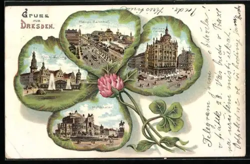 Passepartout-Lithographie Dresden, Haupt-Bahnhof, Hoftheater, Königl. Schloss und Kaiserpalast im Kleeblatt