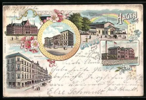 Lithographie Hagen / Westfalen, Hauptbahnhof, Kampstrasse, Bade-Anstalt und Gymnasium