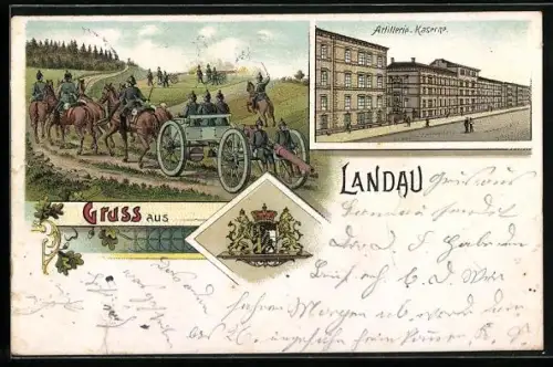 Lithographie Landau / Pfalz, Artillerie-Kaserne, Soldaten und Wappen