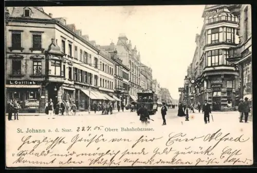 AK St. Johann / Saarbrücken, Obere Bahnhofstrasse mit Strassenbahn