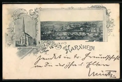 AK Harxheim / Pfalz, Totalansicht und neue protestantische Kirche