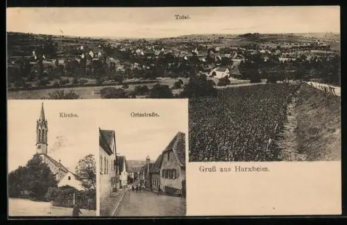 AK Harxheim / Pfalz, Totalansicht, Kirche und Ortsstrasse