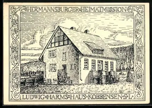 Künstler-AK Kobbensen /Minden, Ludwig-Harms-Haus von aussen
