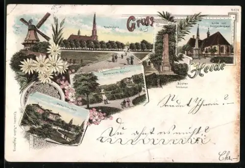 Lithographie Heide / Holstein, Gasthaus zum Waldschlösschen, Züphen-Denkmal, Marktplatz, Kirche mit Kriegerdenkmal