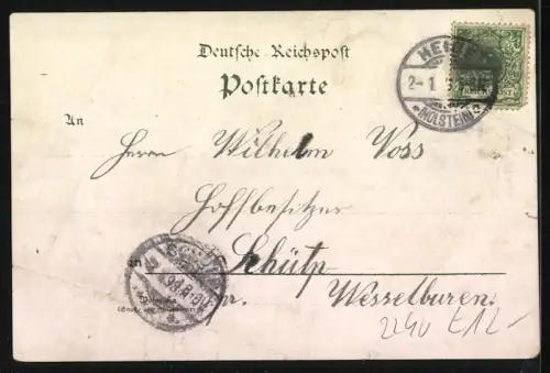 Lithographie Heide / Holstein, Gasthaus zum Waldschlösschen, Züphen-Denkmal, Marktplatz, Kirche mit Kriegerdenkmal