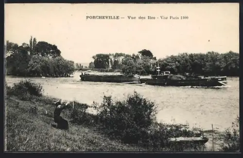 AK Porcheville, Vue des Îles avec péniche sur le fleuve