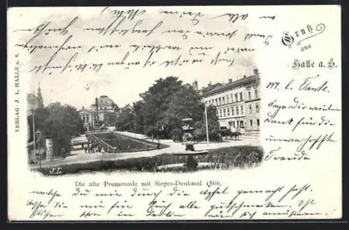 AK Halle a. S., Alte Promenade mit Sieges-Denkmal 1866