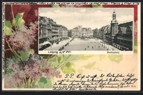 Lithographie Leipzig, Marktplatz, Blühender Flieder