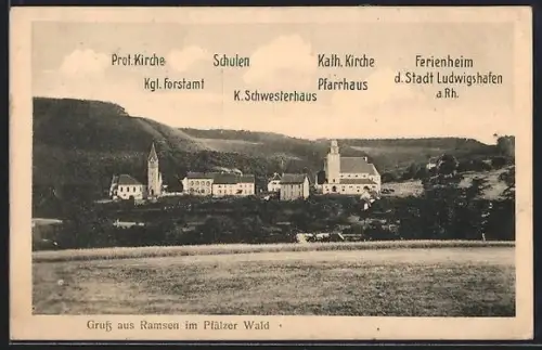 AK Ramsen /Pfalz, Ortspanorama: Kgl. Forstamt, Kirchen, Ferienheim d. Stadt Ludwigshafen a. Rh