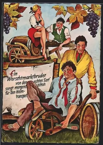 Künstler-AK Bad Dürkheim, Weinfest Worschdmarkt, Mann schiebt einen anderen auf einer Karre
