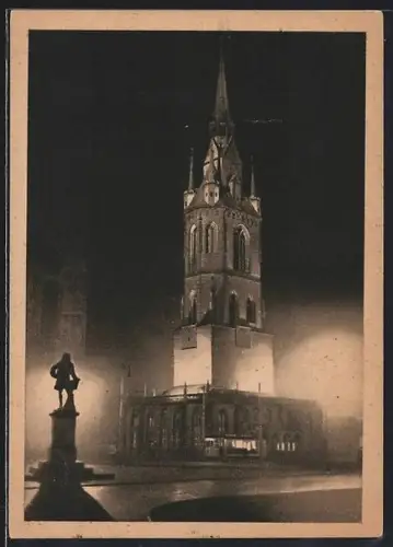 AK Halle /Saale, Roter Turm bei nächtlicher Beleuchtung