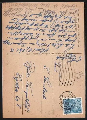 AK Halle /Saale, Roter Turm bei nächtlicher Beleuchtung