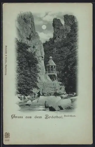 Mondschein-AK Bodethal, Bodethor im Vollmondlicht