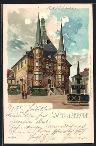 Lithographie Wernigerode, Rathaus mit Brunnen