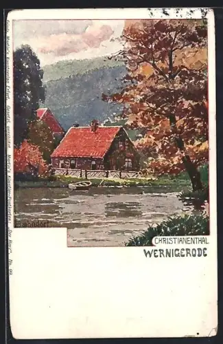 Lithographie Wernigerode /Christianental, Haus am Teich