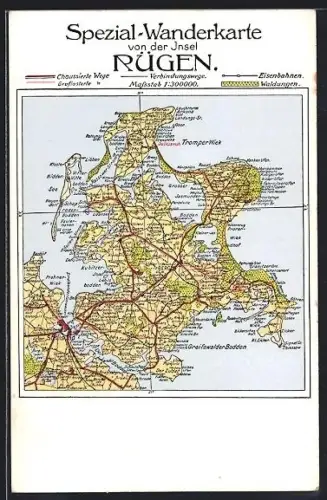 AK Bergen /Rügen, Spezial-Wanderkarte der Insel Rügen mit markierten Wegen