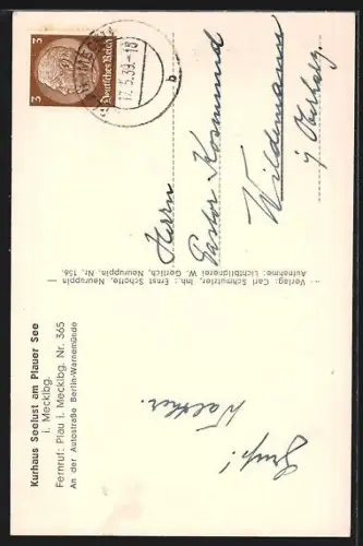 AK Plau i. Mecklbg., Kurhaus Seeblick am Plauer See