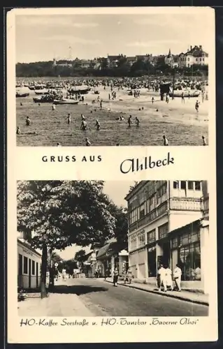 AK Ahlbeck / Seebad, Gasthaus HO-Kaffee Seestrasse, HO-Bar Taverne Ahoi, Partie am Strand