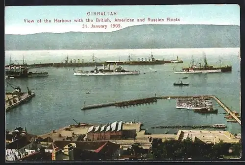 AK Gibraltar, View of the Harbour with the British, American, and Russian Fleets 1909