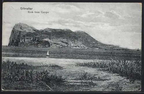 AK Gibraltar, Rock from Campo, Blick über den Strand zum Felsen