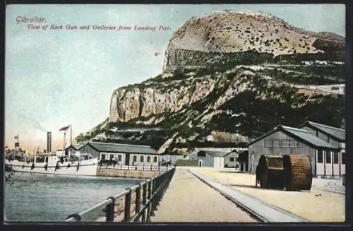 AK Gibraltar, View of Rock Gun and Galleries from Landing Pier, Dampfer
