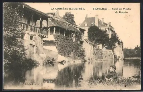 AK Beaulieu, Canal du Moulin de Bourrier avec vue pittoresque et pêcheur au bord de l`eau