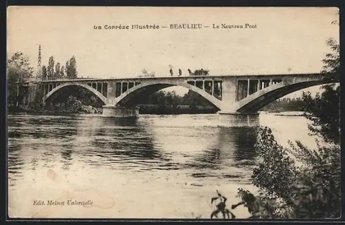 AK Beaulieu, Le Nouveau Pont sur la rivière avec des passants et vue des arbres environnants