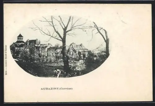 AK Aubazine /Corrèze, Vue des ruines et de l`église derrière les arbres en hiver