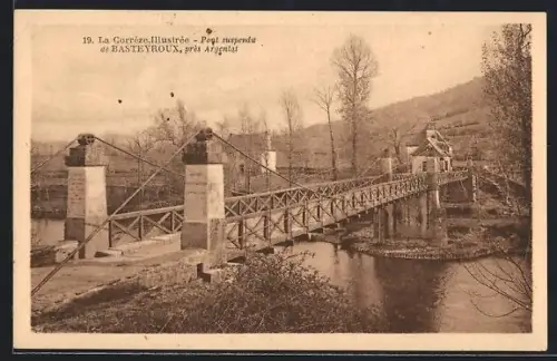 AK Basteyroux /Argentat, Pont suspendu sur la rivière dans un paysage de campagne