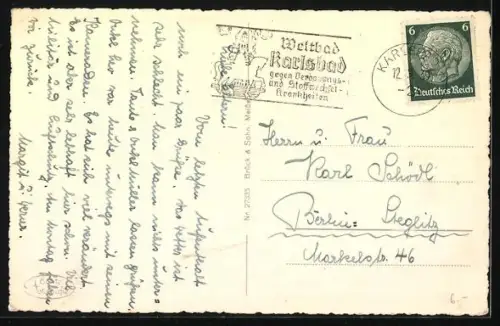 AK Karlsbad, Flusspartie mit Brücken, Strasse und Geschäften aus der Vogelschau