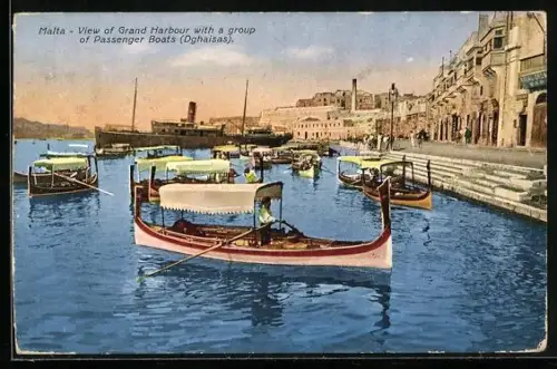 AK Malta, View of Grand Harbour with a group of Passenger Boats