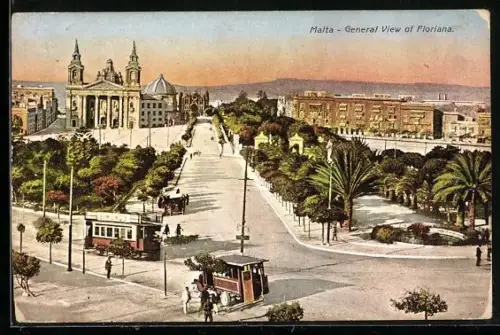 AK Floriana, General View and train, Strassenbahn