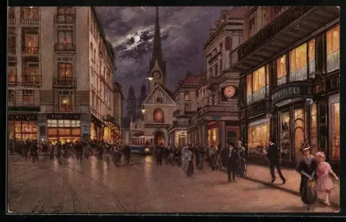 Künstler-AK I. Ginsto: Zürich, Paradeplatz gegen Fraumünster, Strassenbahn