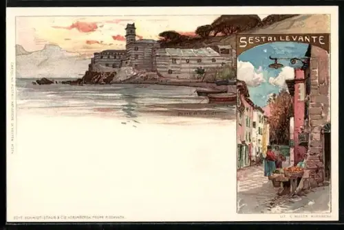 Künstler-AK Manuel Wielandt: Sestri Levante, Strassenpartie, Gebäude an der Küste