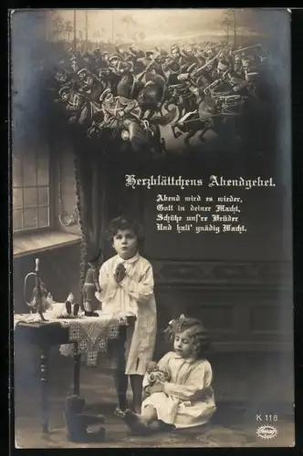 AK Kinder in Schlafgewändern mit ihren Teddy für den Krieg betend