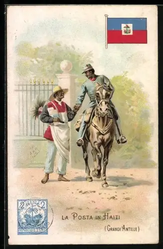 Lithographie La Poste en Haiti, Grandi Antille, Briefträger zu Pferd auf Haiti