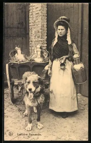 AK Frau neben einem Hundegespann mit Milchkannen