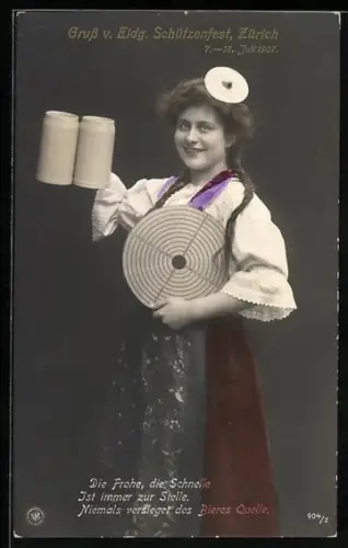 AK Zürich, Eidg. Schützenfest 1907, Kellnerin trägt Bierkrüge u. Zielscheibe