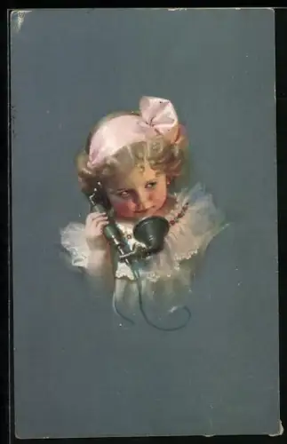 AK Portrait blondes Mädchen am Telefon