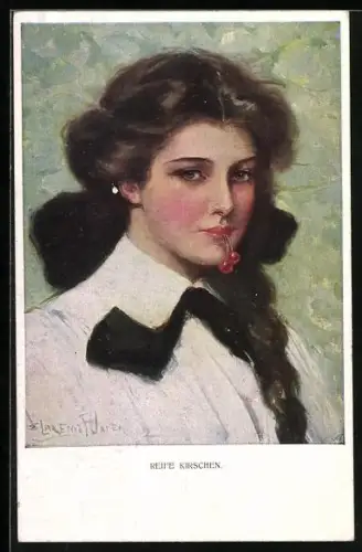 Künstler-AK Clarence F. Underwood: Portrait einer hübschen Dame mit Kirschen im Mund